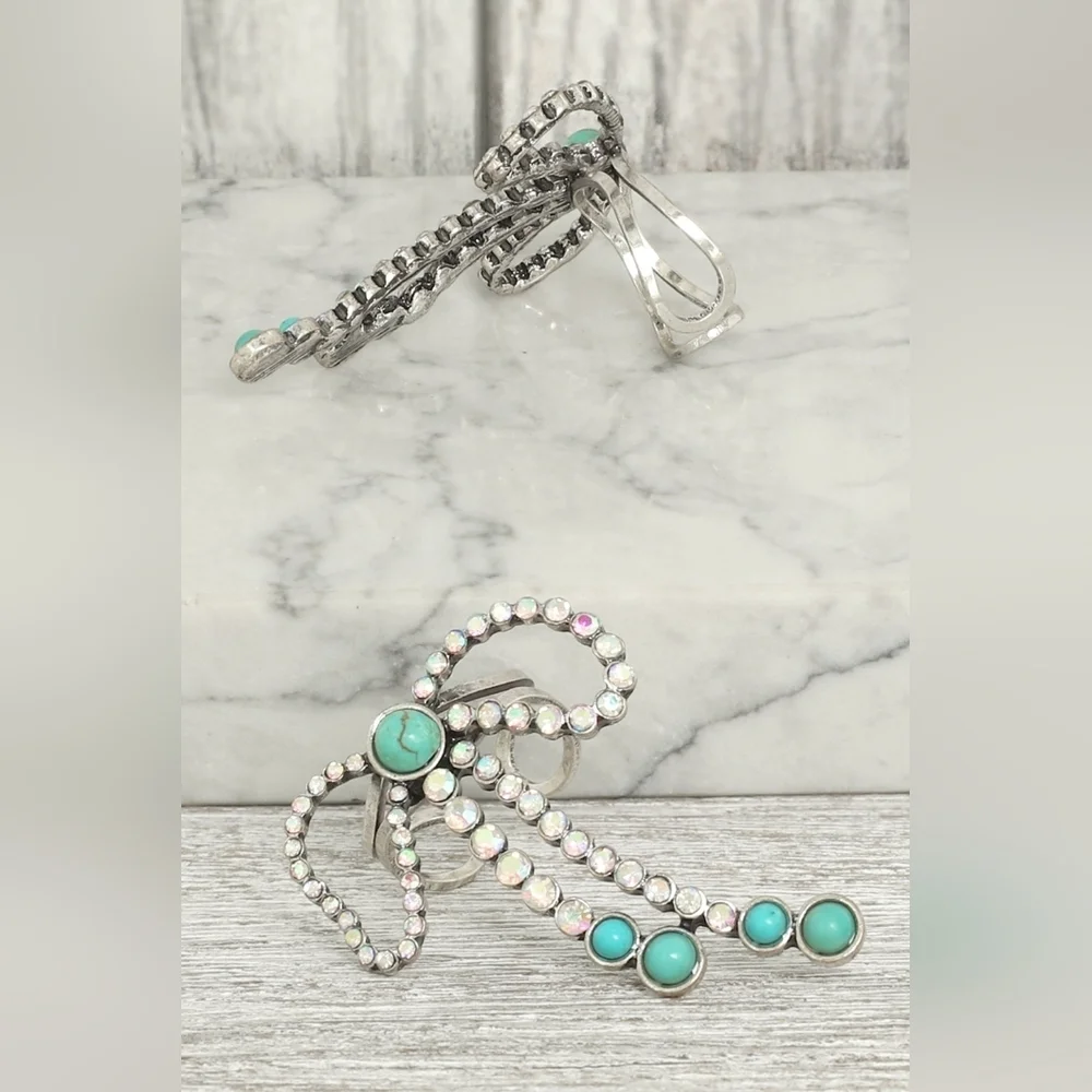 Silver and Turquoise Rhinestone Bow Ring